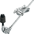 The image shows a chrome-plated drum hardware component, likely a TAMA cymbal boom arm. It features a telescoping main arm with a knurled grip, a multi-axis tilting joint for precise positioning, black cymbal felts to protect cymbals, and wing nut clamps for angle adjustments. This durable, professional-grade piece mounts to stands or clamps, enabling optimal cymbal placement in a drum kit.