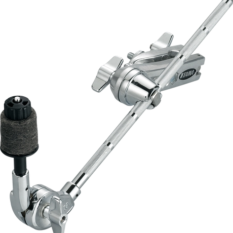 The image shows a chrome-plated drum hardware component, likely a TAMA cymbal boom arm. It features a telescoping main arm with a knurled grip, a multi-axis tilting joint for precise positioning, black cymbal felts to protect cymbals, and wing nut clamps for angle adjustments. This durable, professional-grade piece mounts to stands or clamps, enabling optimal cymbal placement in a drum kit.