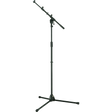 The image shows a professional boom microphone stand with a tripod base, telescoping vertical pole, adjustable boom arm, and multiple pivot joints. It has a black finish and is designed for stable, flexible mic placement. Commonly used in studios, live performances, rehearsals, and podcasting, it securely holds various microphones and allows height and angle adjustments for optimal sound capture.