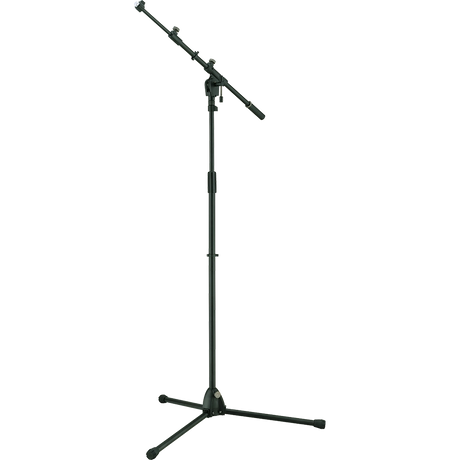 The image shows a professional boom microphone stand with a tripod base, telescoping vertical pole, adjustable boom arm, and multiple pivot joints. It has a black finish and is designed for stable, flexible mic placement. Commonly used in studios, live performances, rehearsals, and podcasting, it securely holds various microphones and allows height and angle adjustments for optimal sound capture.