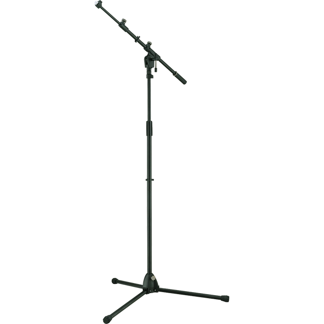 The image shows a professional boom microphone stand with a tripod base, telescoping vertical pole, adjustable boom arm, and multiple pivot joints. It has a black finish and is designed for stable, flexible mic placement. Commonly used in studios, live performances, rehearsals, and podcasting, it securely holds various microphones and allows height and angle adjustments for optimal sound capture.