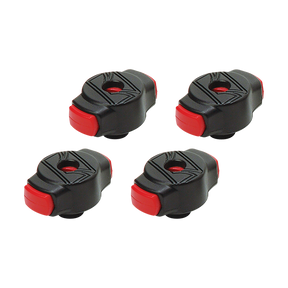 The image shows four identical wireless foot pedals, likely used as page turners for digital sheet music. Each has a black casing with red buttons and connects via Bluetooth to tablets or computers. These compact, portable devices allow musicians—such as classical performers, guitarists, pianists, and teachers—to turn pages hands-free, facilitating seamless play during digital music performances.