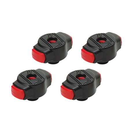 The image shows four identical wireless foot pedals, likely used as page turners for digital sheet music. Each has a black casing with red buttons and connects via Bluetooth to tablets or computers. These compact, portable devices allow musicians—such as classical performers, guitarists, pianists, and teachers—to turn pages hands-free, facilitating seamless play during digital music performances.