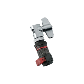 The image shows a drum tuning key with a chrome-plated square socket head and a black and red textured grip handle. It features a ratcheting mechanism for smooth, continuous tuning without repositioning, making it easier and faster to adjust drumhead tension. This tool is essential for drummers to regularly tune their drums or make quick adjustments during practice or performances.