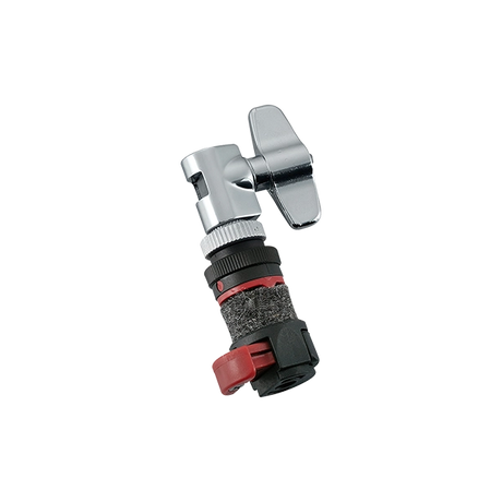 The image shows a drum tuning key with a chrome-plated square socket head and a black and red textured grip handle. It features a ratcheting mechanism for smooth, continuous tuning without repositioning, making it easier and faster to adjust drumhead tension. This tool is essential for drummers to regularly tune their drums or make quick adjustments during practice or performances.