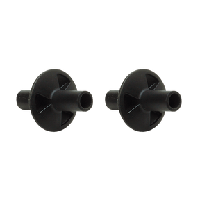 The image shows two identical black strap locks, guitar accessories used to securely attach a strap to a guitar or other stringed instruments. Each piece features a circular base with a central post and a smaller cylindrical locking component. These practical accessories help prevent the strap from coming loose during play and suit guitars with black hardware or players preferring a subtle look.