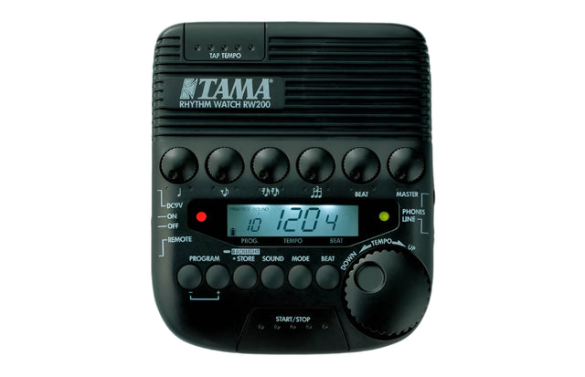 The image shows a TAMA Rhythm Watch RW200, a digital metronome and rhythm trainer for drummers and musicians. It features a digital LCD displaying tempo (120 BPM), control knobs for adjusting tempo and rhythm patterns, a TAP TEMPO button, headphone/line outputs, and start/stop controls. This advanced device offers various drum sounds and complex rhythms to improve timing and practice accuracy.