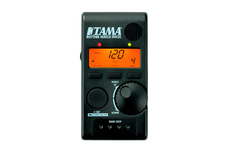 The image shows a TAMA Rhythm Watch RW30 digital metronome with an orange LCD displaying "120" BPM and "4" time signature. It features multiple control buttons, a large tempo dial with UP/DOWN, a TAP button, power switch, and start/stop controls. The compact black device has a speaker grille, red and yellow/green LED indicators, and an ergonomic design, providing precise timing for musicians.