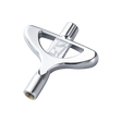 The image shows a drum tuning key, a chrome or nickel-plated tool with a square socket used to adjust drum tension rods. Its ergonomic handle allows easy turning to tighten or loosen drumheads, helping drummers achieve the desired pitch and tone. This essential accessory aids in drum maintenance and tuning for optimal sound across different styles and conditions.