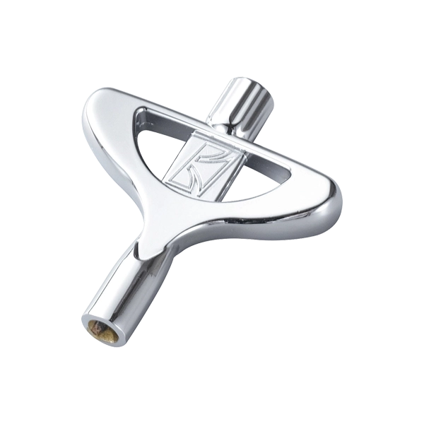 The image shows a drum tuning key, a chrome or nickel-plated tool with a square socket used to adjust drum tension rods. Its ergonomic handle allows easy turning to tighten or loosen drumheads, helping drummers achieve the desired pitch and tone. This essential accessory aids in drum maintenance and tuning for optimal sound across different styles and conditions.