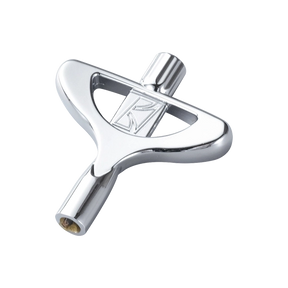 The image shows a drum tuning key, a chrome or nickel-plated tool with a square socket used to adjust drum tension rods. Its ergonomic handle allows easy turning to tighten or loosen drumheads, helping drummers achieve the desired pitch and tone. This essential accessory aids in drum maintenance and tuning for optimal sound across different styles and conditions.