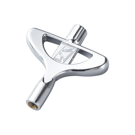 The image shows a drum tuning key, a chrome or nickel-plated tool with a square socket used to adjust drum tension rods. Its ergonomic handle allows easy turning to tighten or loosen drumheads, helping drummers achieve the desired pitch and tone. This essential accessory aids in drum maintenance and tuning for optimal sound across different styles and conditions.
