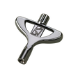 The image shows a T-shaped drum tuning key with a polished metal finish. It has a square socket in the center to fit drum tension rods and ergonomic curved handles for comfortable grip and leverage. A logo, possibly "KR," is visible in the middle. This essential tool helps drummers adjust drumhead tension for tuning, combining durability and comfort in a high-quality design.