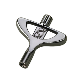 The image shows a T-shaped drum tuning key with a polished metal finish. It has a square socket in the center to fit drum tension rods and ergonomic curved handles for comfortable grip and leverage. A logo, possibly "KR," is visible in the middle. This essential tool helps drummers adjust drumhead tension for tuning, combining durability and comfort in a high-quality design.
