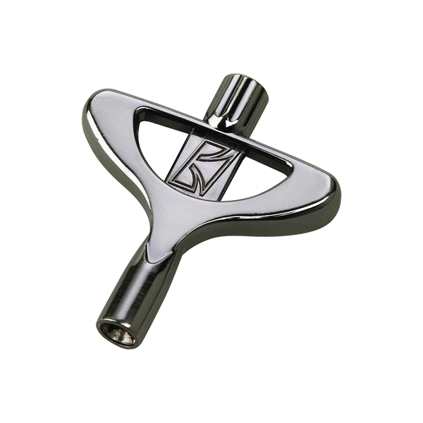 The image shows a T-shaped drum tuning key with a polished metal finish. It has a square socket in the center to fit drum tension rods and ergonomic curved handles for comfortable grip and leverage. A logo, possibly "KR," is visible in the middle. This essential tool helps drummers adjust drumhead tension for tuning, combining durability and comfort in a high-quality design.