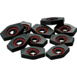 The image shows black hexagonal tuning machine bushings with red rubber gaskets around central holes. These guitar hardware pieces fit around tuning post shafts, securing tuning machines to the headstock. The hex shape allows wrench installation, while the red gaskets provide a tight seal and reduce vibration. Made of metal with a black finish, they are essential for guitar assembly, repair, or upgrades.
