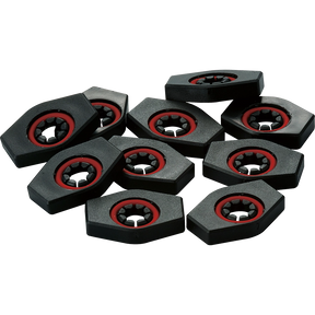 The image shows black hexagonal tuning machine bushings with red rubber gaskets around central holes. These guitar hardware pieces fit around tuning post shafts, securing tuning machines to the headstock. The hex shape allows wrench installation, while the red gaskets provide a tight seal and reduce vibration. Made of metal with a black finish, they are essential for guitar assembly, repair, or upgrades.