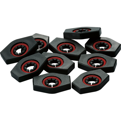 The image shows black hexagonal tuning machine bushings with red rubber gaskets around central holes. These guitar hardware pieces fit around tuning post shafts, securing tuning machines to the headstock. The hex shape allows wrench installation, while the red gaskets provide a tight seal and reduce vibration. Made of metal with a black finish, they are essential for guitar assembly, repair, or upgrades.
