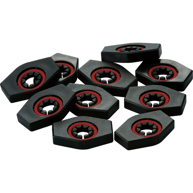 The image shows black hexagonal tuning machine bushings with red rubber gaskets around central holes. These guitar hardware pieces fit around tuning post shafts, securing tuning machines to the headstock. The hex shape allows wrench installation, while the red gaskets provide a tight seal and reduce vibration. Made of metal with a black finish, they are essential for guitar assembly, repair, or upgrades.