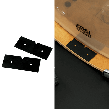 The image shows drum dampening pads: two black rectangular pads with small holes on a white background, and the same pads placed on a TAMA drum kit’s drum head (likely a tom or snare). These foam or rubber-like pads are used to reduce overtones, control sustain, and create a focused, dampened sound by temporarily muffling the drums during play or recording.