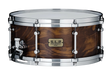 The image shows a premium S.L.P. series snare drum with a rich, dark walnut wood shell and chrome-plated hardware. It features multiple lugs for even tension, triple-flanged hoops, and a chrome snare strainer. Approximately 14" in diameter, this professional-grade drum combines warm, rich tones with an elegant natural wood finish, making it ideal for studio and live performances.