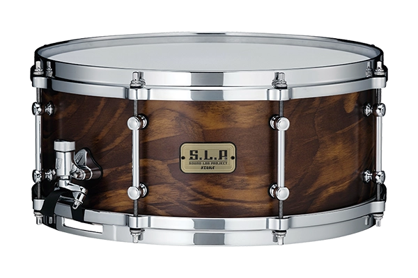 The image shows a premium S.L.P. series snare drum with a rich, dark walnut wood shell and chrome-plated hardware. It features multiple lugs for even tension, triple-flanged hoops, and a chrome snare strainer. Approximately 14" in diameter, this professional-grade drum combines warm, rich tones with an elegant natural wood finish, making it ideal for studio and live performances.