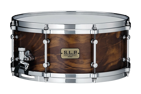 The image shows a premium S.L.P. series snare drum with a rich, dark walnut wood shell and chrome-plated hardware. It features multiple lugs for even tension, triple-flanged hoops, and a chrome snare strainer. Approximately 14" in diameter, this professional-grade drum combines warm, rich tones with an elegant natural wood finish, making it ideal for studio and live performances.