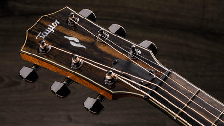 The image shows the headstock of a Taylor acoustic guitar featuring the Taylor logo, rich dark wood grain, and elegant binding. It has six polished chrome tuning pegs (three per side) with visible strings. The headstock displays smooth edges and premium tonewood, reflecting Taylor’s high-quality craftsmanship and professional-grade construction.