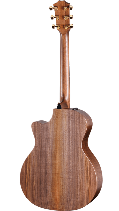 The image shows the back of an acoustic guitar with a polished medium to dark brown wood finish, likely mahogany. It features a traditional body shape with a cutaway for easier fret access. Six gold-colored tuning pegs are visible on the headstock. A small black component, likely an output jack, suggests it’s an acoustic-electric model. The guitar displays clean lines, well-executed binding, and professional craftsmanship.
