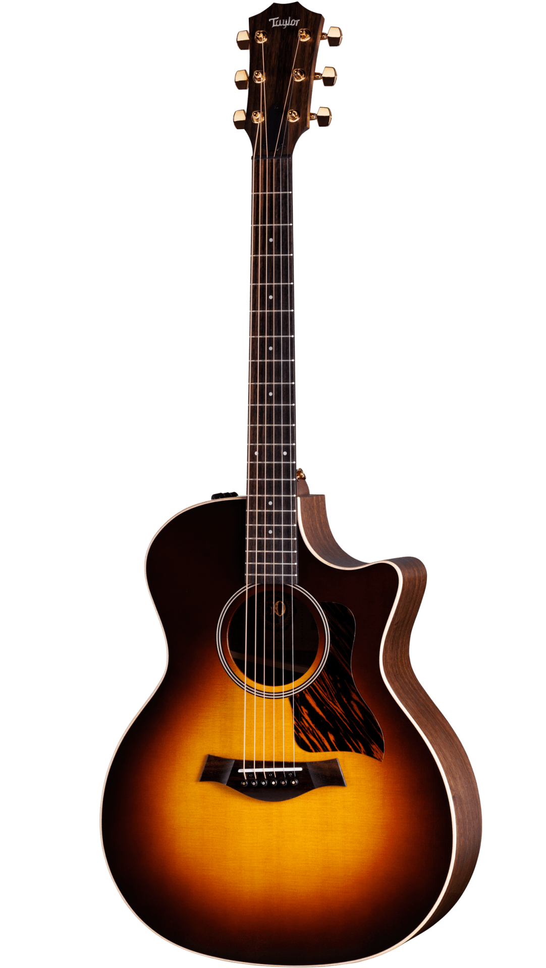 The image shows a Taylor acoustic-electric guitar with a Grand Auditorium cutaway body. It features a sunburst finish, dark wood back and sides, a round soundhole with rosette, tortoiseshell pickguard, and gold tuning machines. The dark fretboard has dot markers, and the cutaway allows easy access to higher frets. This high-end model highlights premium craftsmanship and materials typical of Taylor Guitars.