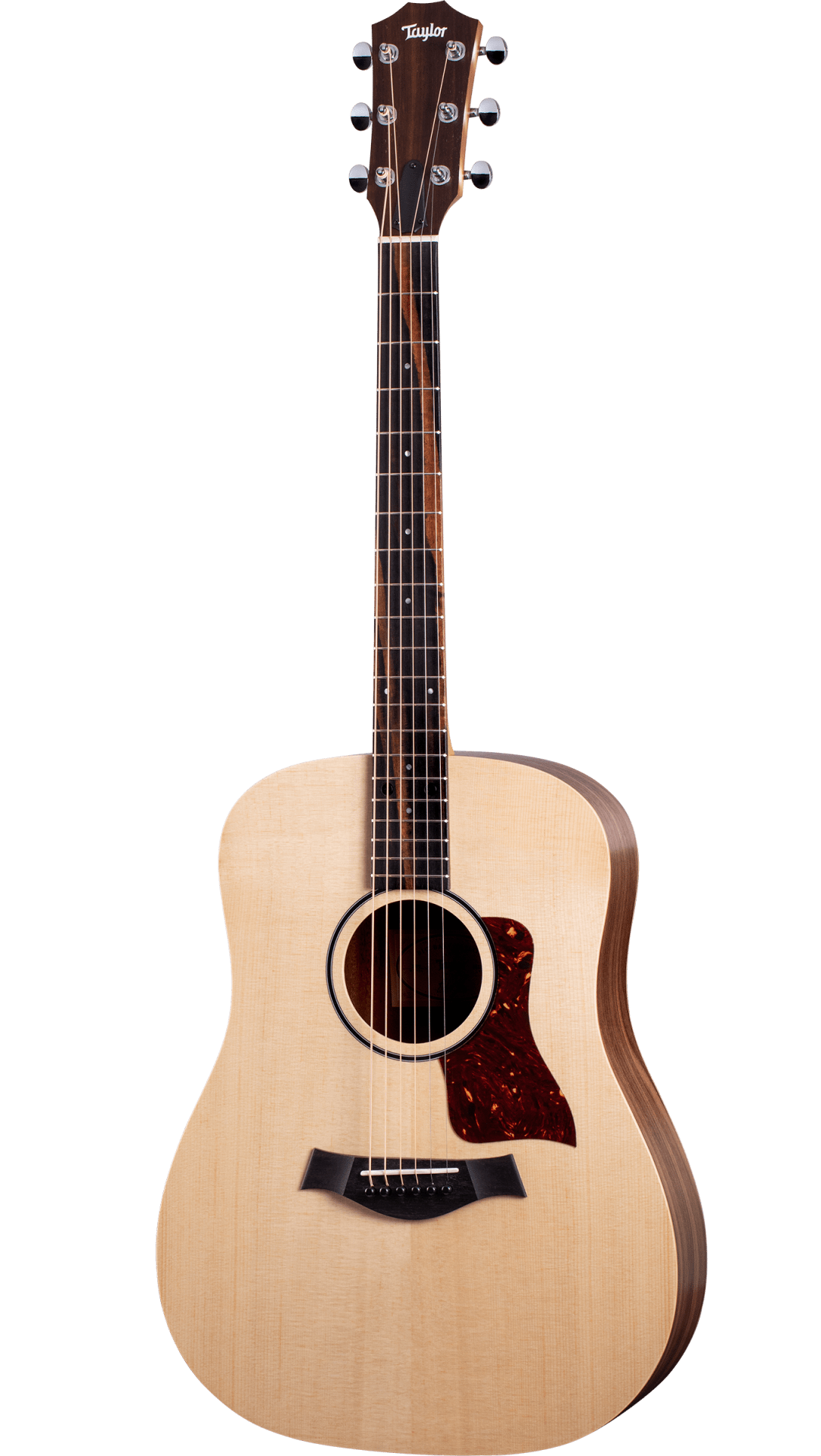 The image shows a Taylor acoustic guitar with a natural wood finish and classic dreadnought shape. It features six tuning pegs, a tortoiseshell pickguard, a black bridge with a compensated saddle, and a rosewood or ebony fretboard with dot markers. The headstock displays the Taylor logo. The guitar is photographed against a white background, showcasing Taylor's clean design and quality craftsmanship.