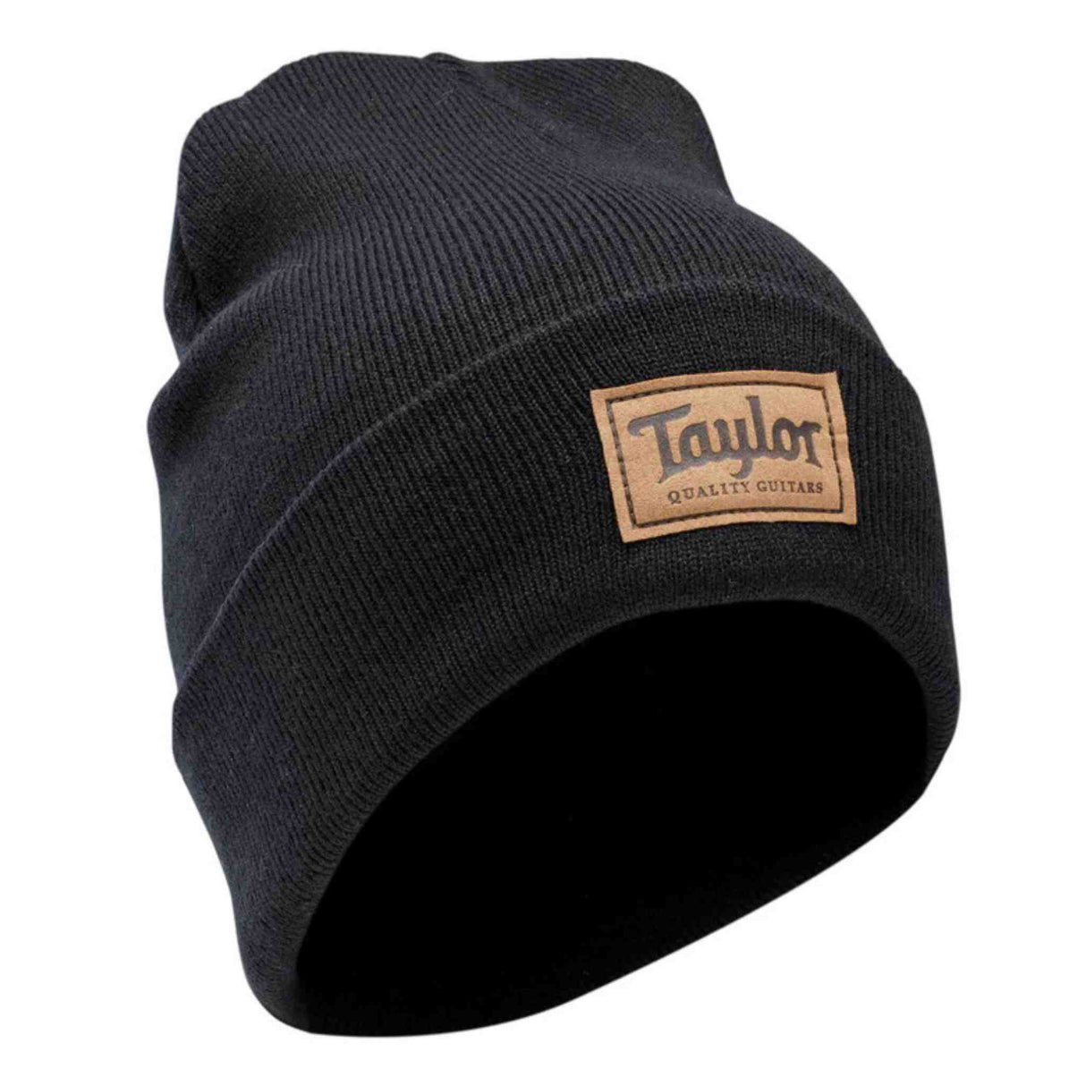 Black beanie with a brown leather patch featuring 'Taylor' branding on a white background.