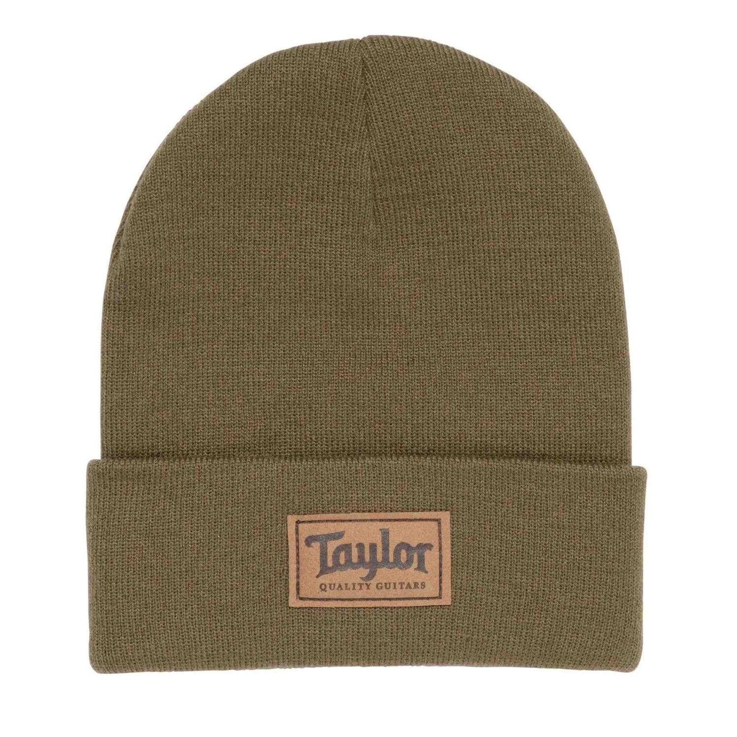 Green beanie with a Taylor logo patch on a white background