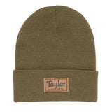 Green beanie with a Taylor logo patch on a white background