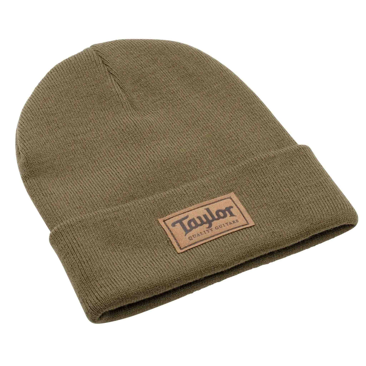 Olive colored beanie with a leather Taylor Guitars patch on a white background