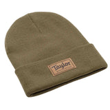 Olive colored beanie with a leather Taylor Guitars patch on a white background