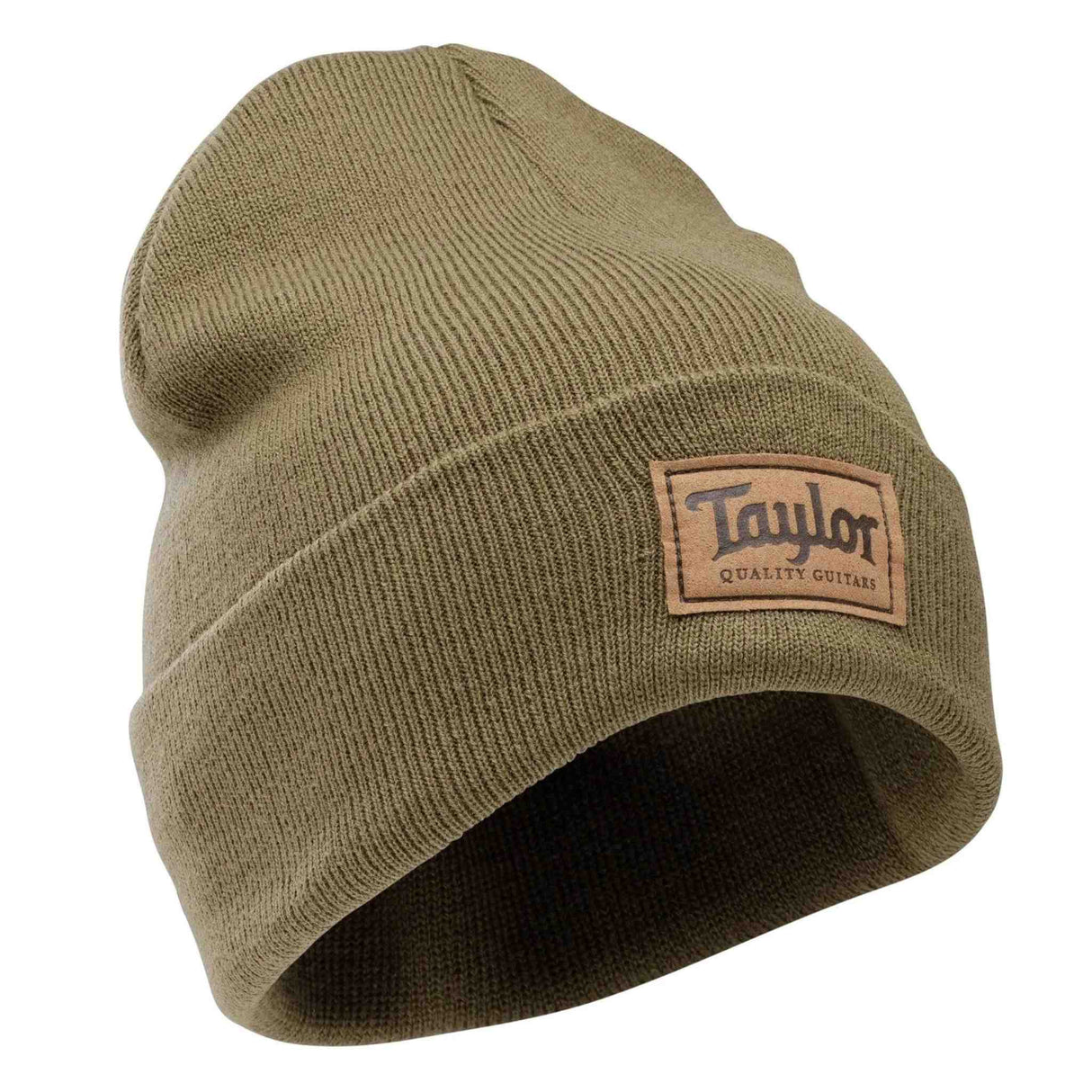 Green beanie with a Taylor logo patch on a white background