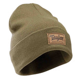 Green beanie with a Taylor logo patch on a white background
