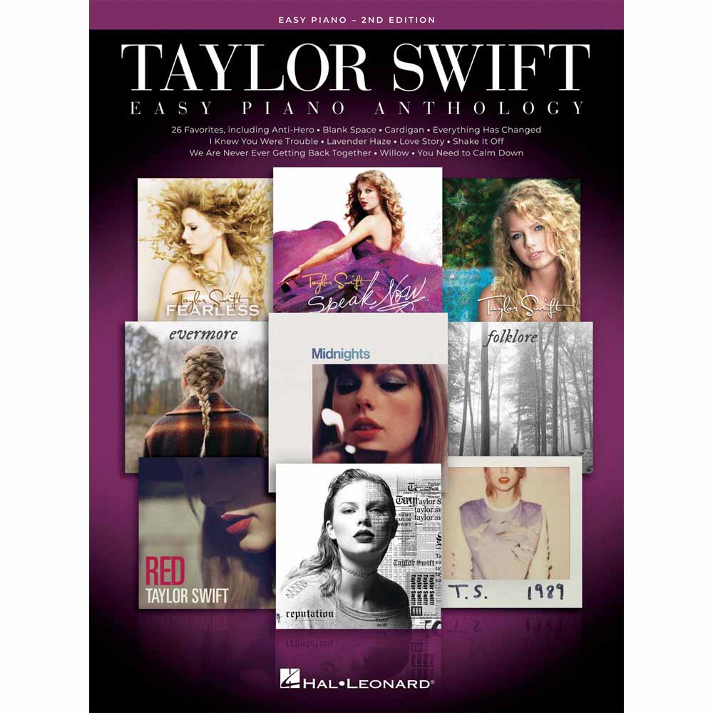 The image shows the cover of the "Taylor Swift Easy Piano Anthology" (2nd Edition) songbook published by Hal Leonard. It features a collage of Taylor Swift album artwork and includes easy piano arrangements of 26 popular songs like "Anti-Hero," "Blank Space," and "Love Story." This book is designed for beginner to intermediate players and is a popular music product from a major publisher.
