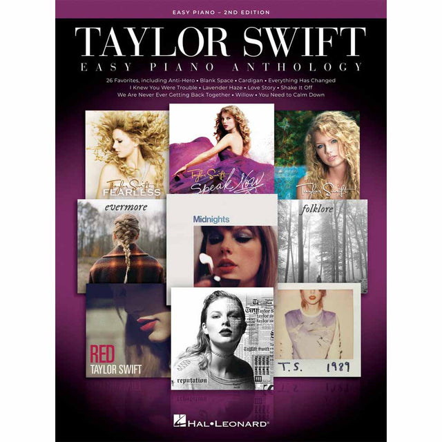 The image shows the cover of the "Taylor Swift Easy Piano Anthology" (2nd Edition) songbook published by Hal Leonard. It features a collage of Taylor Swift album artwork and includes easy piano arrangements of 26 popular songs like "Anti-Hero," "Blank Space," and "Love Story." This book is designed for beginner to intermediate players and is a popular music product from a major publisher.