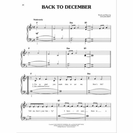 The image shows a sheet music page for Taylor Swift's "Back to December," marked "Moderately" in F major. It features piano notation with treble and bass clefs, chord progressions including F, Dm, and B♭, and vocal melody with lyrics like "I'm so glad you made time to see me." The page is numbered 24 and includes copyright credit to Taylor Swift for words and music.