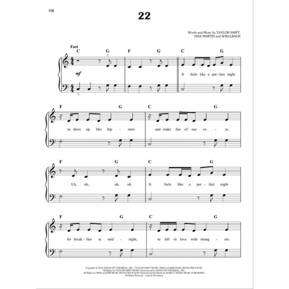 The image shows page 156 of a music book, labeled "22," featuring sheet music for piano and voice. It includes a 4/4 time signature, "Fast" tempo, treble and bass clefs, chord symbols (C, G, F), lyrics beneath the melody, and a mezzo-forte dynamic marking. The song, credited to Taylor Swift, Max Martin, and Shellback, includes lyrics like "It feels like a perfect night" and "to dress up like hipsters."