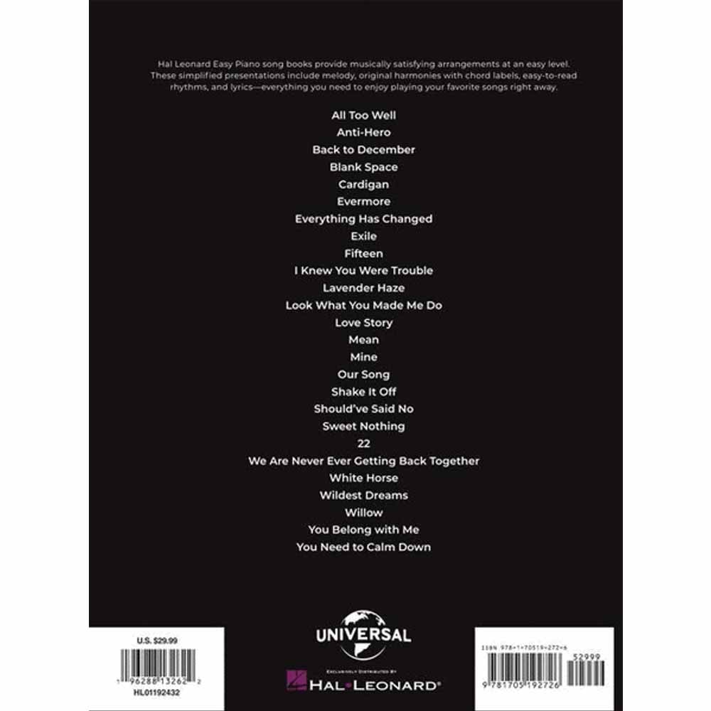 The image shows the back cover of a Hal Leonard Easy Piano songbook featuring 24 simplified Taylor Swift songs. It includes popular hits like "All Too Well," "Anti-Hero," and "Love Story," with easy-to-read rhythms, melody, chord labels, and lyrics. Priced at $19.99, this edition is designed for intermediate or casual players seeking accessible piano arrangements of contemporary favorites.