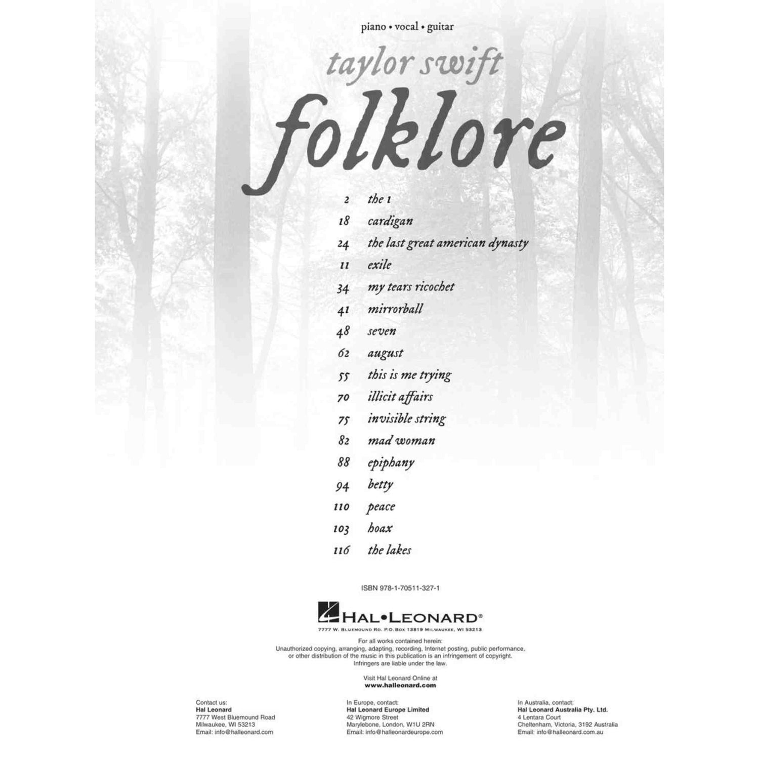 Taylor Swift - Folklore - Piano, Vocal, Guitar - Artist Songbook