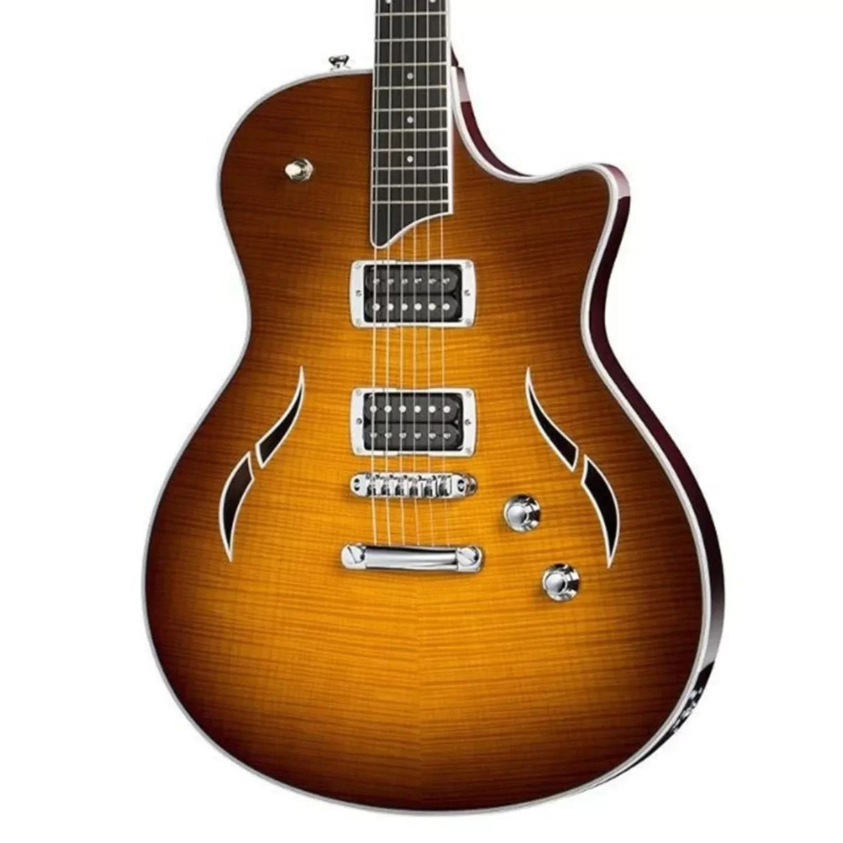 The image shows a beautiful semi-hollow body electric guitar with f-holes, a sunburst flame maple top, two humbucker pickups with cream rings, chrome hardware, multiple control knobs, a pickup selector switch, a dark fretboard with dot markers, and white body binding. It resembles classic models like the Gibson ES-335, offering warm acoustic resonance combined with electric sustain, ideal for jazz, blues, and rock.