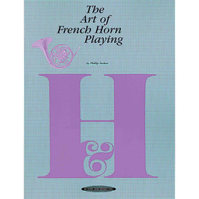 Book cover of 'The Art of French Horn Playing' with a purple 'H' and horn illustration on a light blue background.