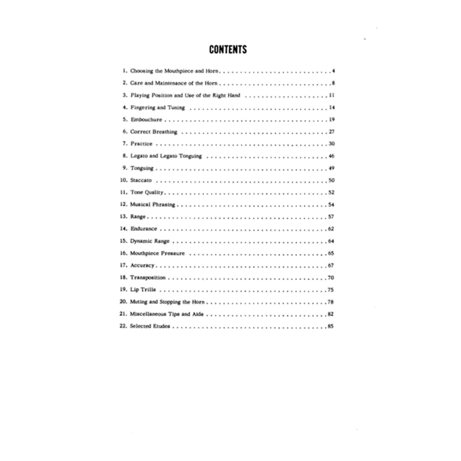 Table of contents for the music book "The Art of French Horn Playing."