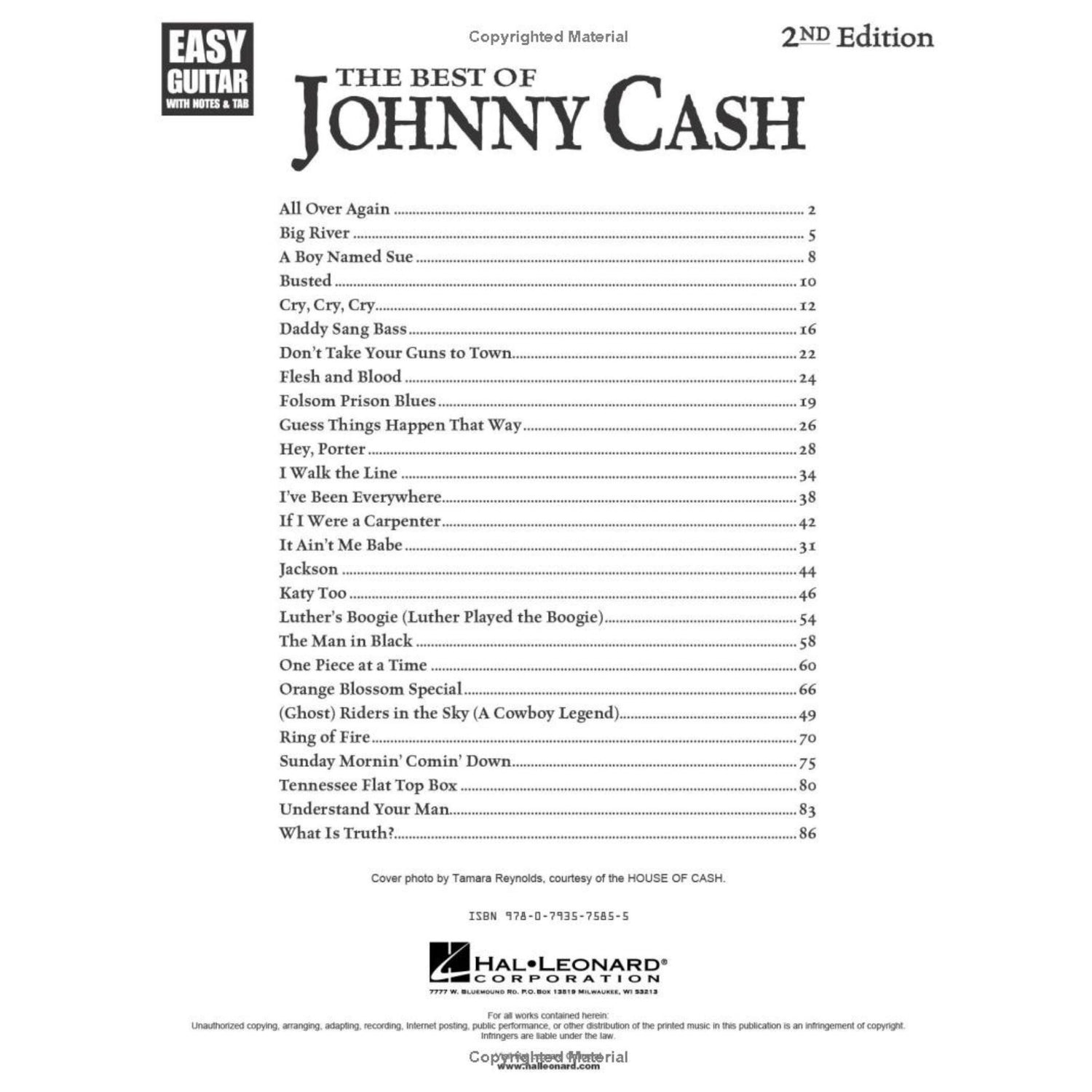 The image shows the table of contents page of "The Best of Johnny Cash" (2nd Edition) guitar songbook by Hal Leonard, part of the "Easy Guitar with Notes & Tab" series. It lists 25 classic Johnny Cash songs like "Ring of Fire," "I Walk the Line," and "A Boy Named Sue," with page numbers. The book offers beginner-friendly notation and tab, includes copyright info, and an ISBN at the bottom.