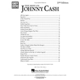 The image shows the table of contents page of "The Best of Johnny Cash" (2nd Edition) guitar songbook by Hal Leonard, part of the "Easy Guitar with Notes & Tab" series. It lists 25 classic Johnny Cash songs like "Ring of Fire," "I Walk the Line," and "A Boy Named Sue," with page numbers. The book offers beginner-friendly notation and tab, includes copyright info, and an ISBN at the bottom.