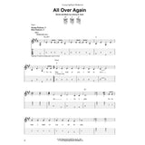 The image shows a sheet music page for Johnny Cash's "All Over Again," featuring treble clef staff notation, guitar tablature, and chord diagrams (E7, A, D). It includes capo 1 placement, strumming and picking patterns, tempo marked "Moderately, in 2," and lyrics starting with "Every time I look at you I fall in love all over again." The layout is designed for guitarists with chord fingerings and song structure.